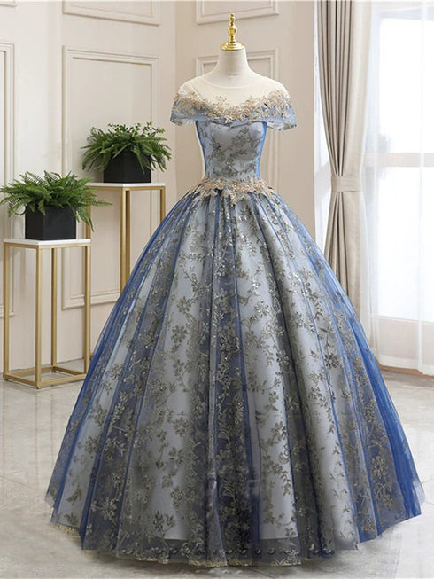 Cute Blue Tulle With Lace Cap Sleeves Party Dress, Tulle Ball Gown Sweet 16 Dress